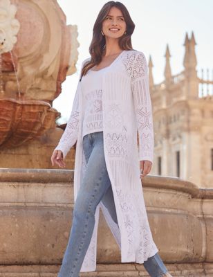 Sosandar Womens Cotton Blend Crochet Longline Cardigan - XS - White, White