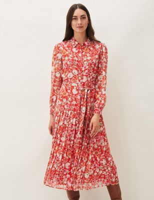 M&S Phase Eight Womens Floral Pleated Midi Shirt Dress