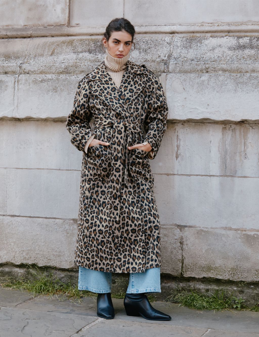 Leopard Print Belted Trench Coat with Wool image 1