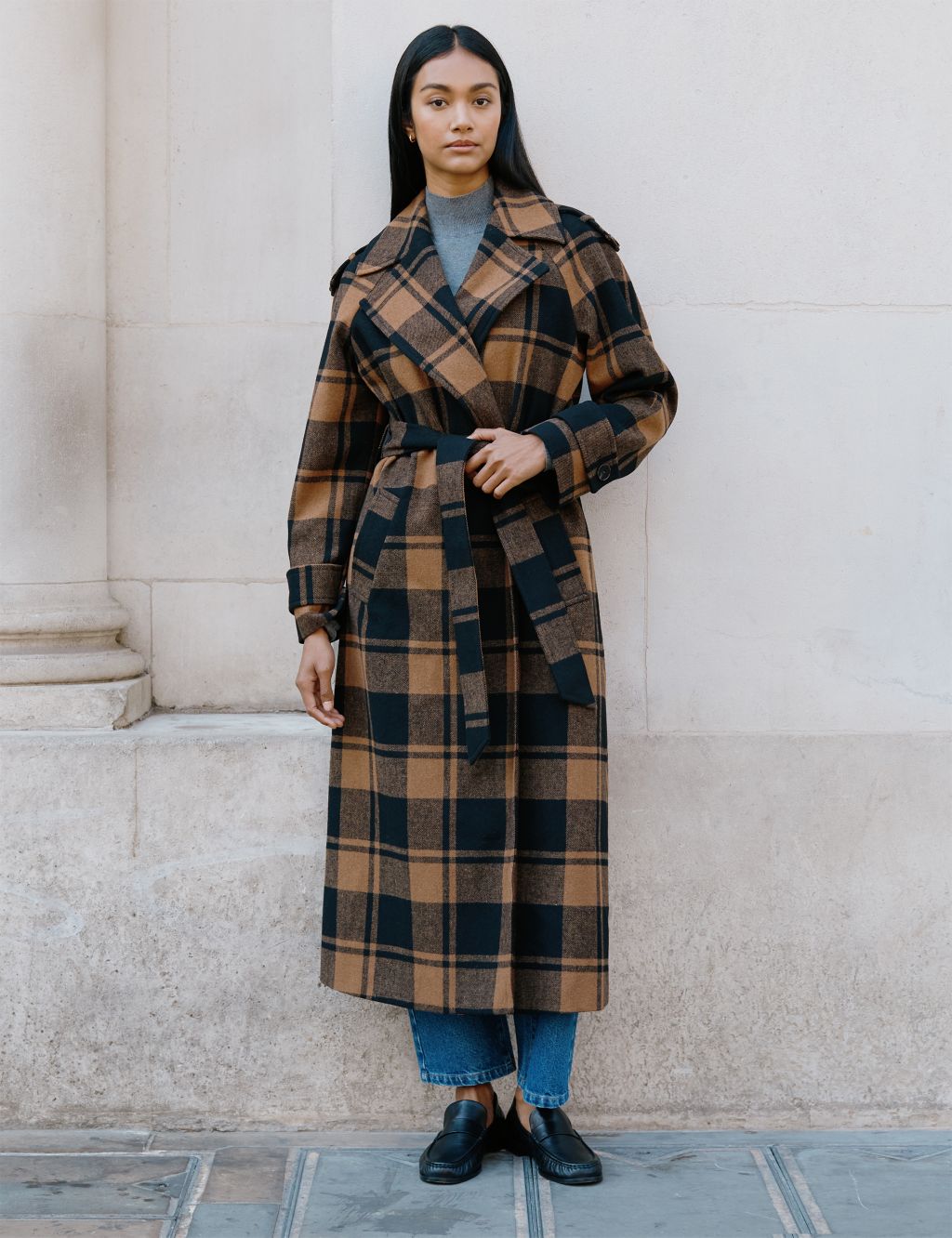 Checked Belted Wrap Coat with Wool image 5