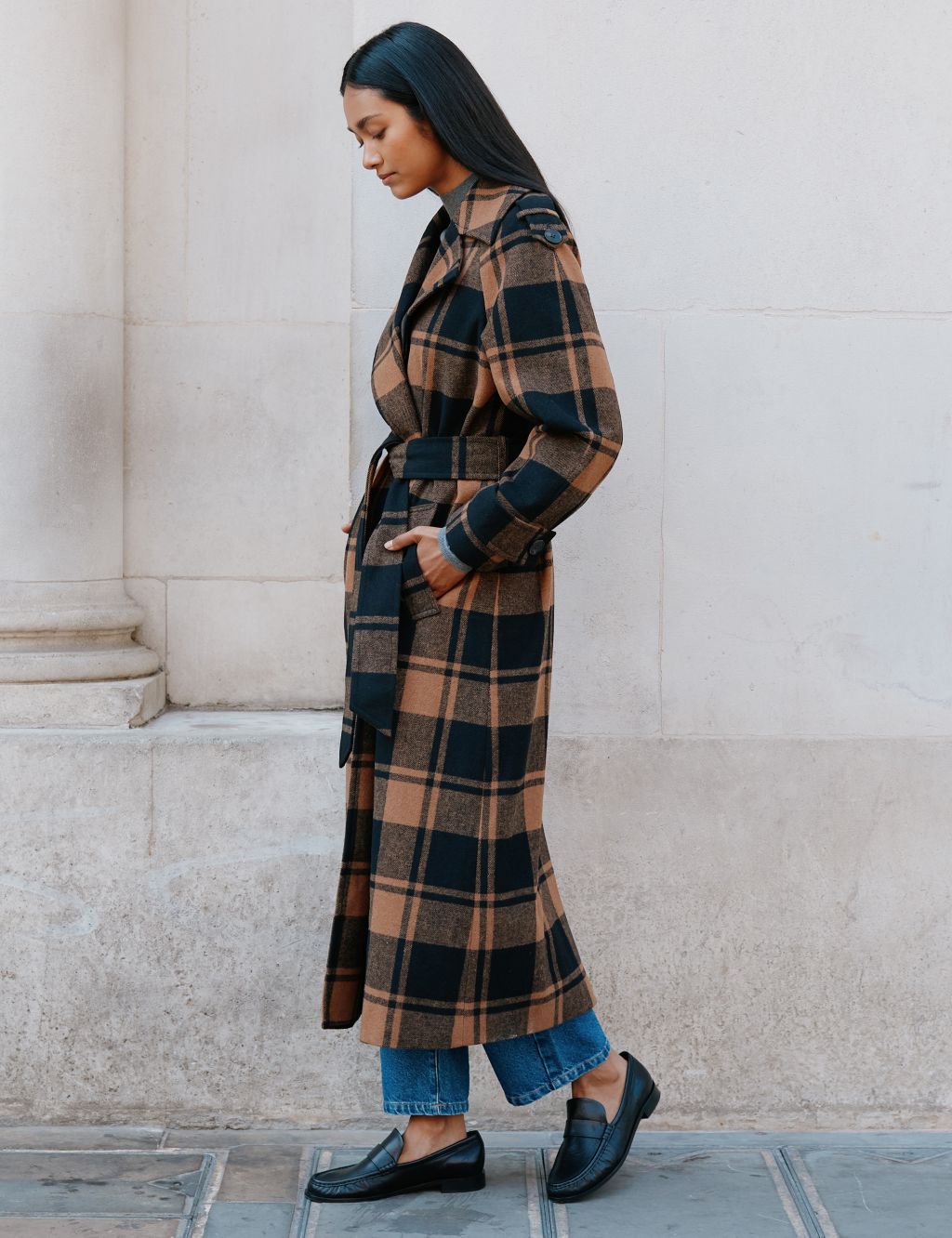 Checked Belted Wrap Coat with Wool image 6