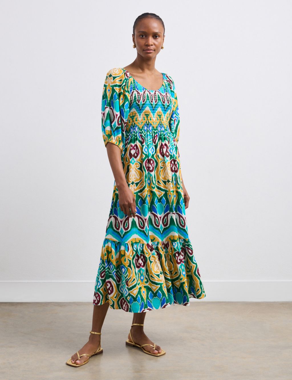 Linen Blend Printed Midaxi Tiered Dress