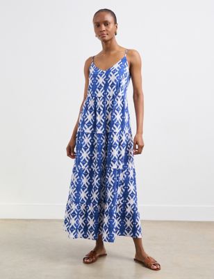 Finery London Women's Linen Blend Printed V-Neck Maxi Tiered Dress - 10 - Blue Mix, Blue Mix
