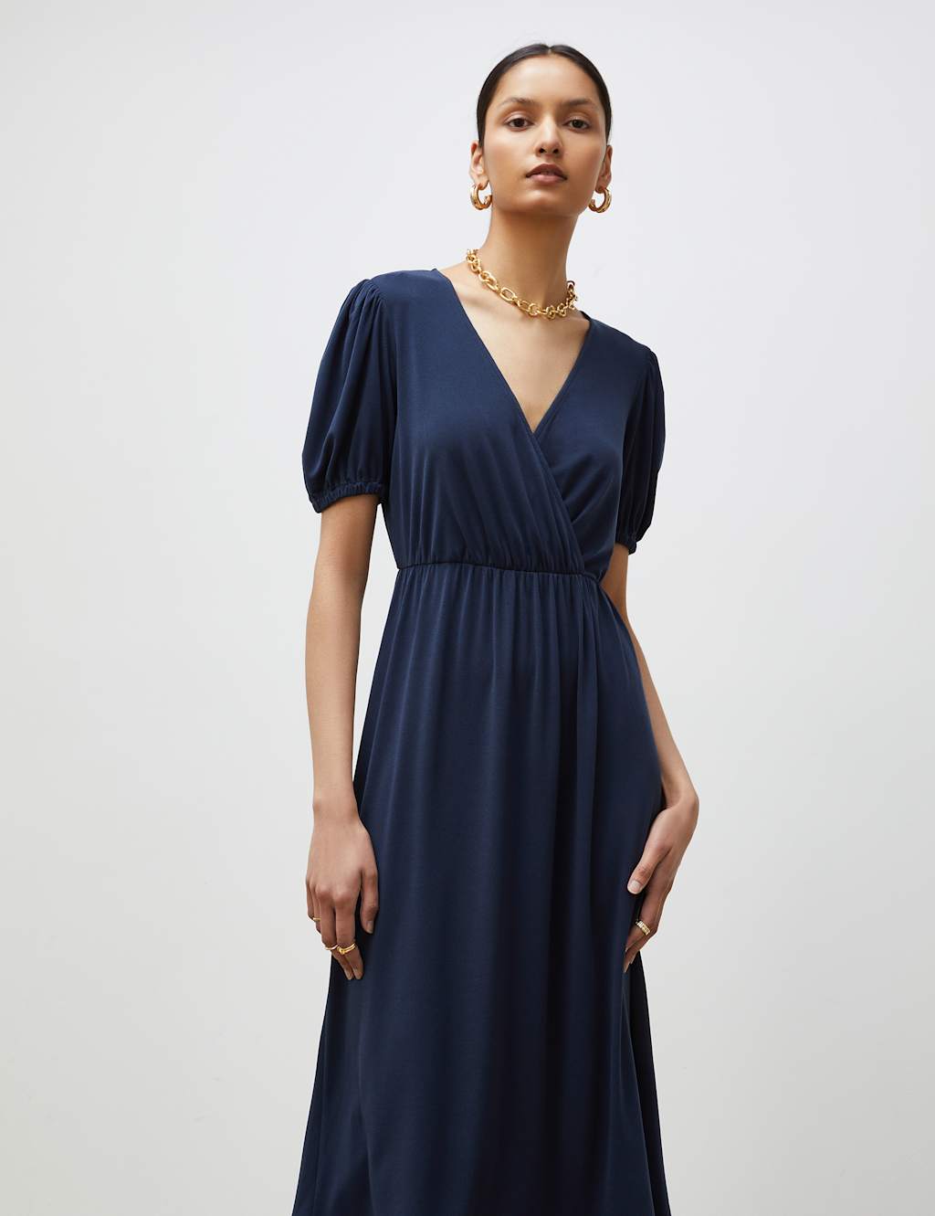 V-Neck Puff Sleeve Midi Waisted Dress image 2