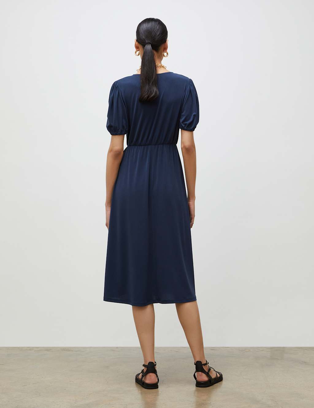 V-Neck Puff Sleeve Midi Waisted Dress image 3