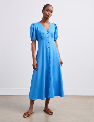 Finery London Women's Linen Blend V-Neck Midaxi Tea Dress - 8 - Blue, Blue,Black