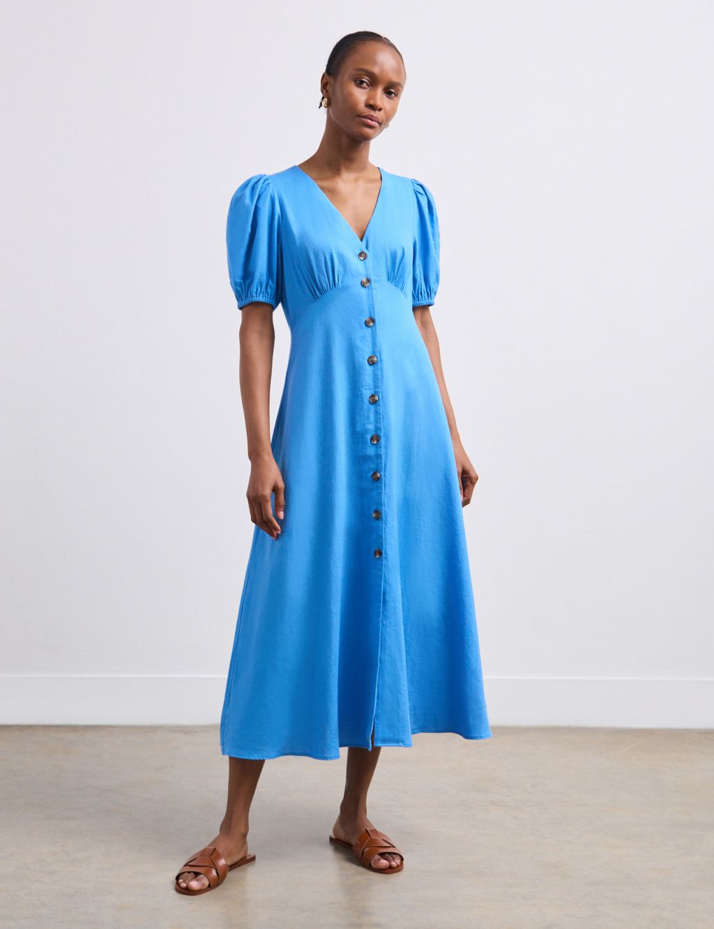 Linen Blend V-Neck Midaxi Tea Dress