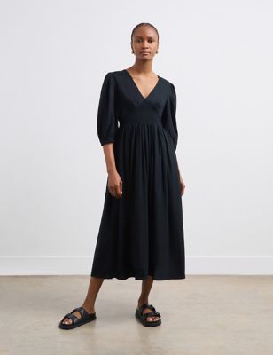 Finery London Womens Linen Blend V-Neck Midaxi Tea Dress - 8 - Black, Black