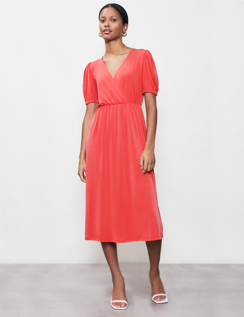 V-Neck Puff Sleeve Midi Waisted Dress image 1