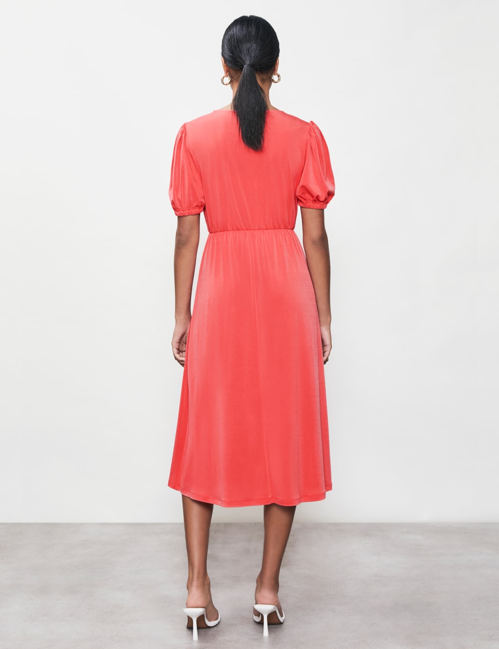 V-Neck Puff Sleeve Midi Waisted Dress image 4