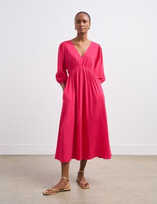 Finery London Womens Linen Blend V-Neck Midaxi Tea Dress - 10 - Pink, Pink