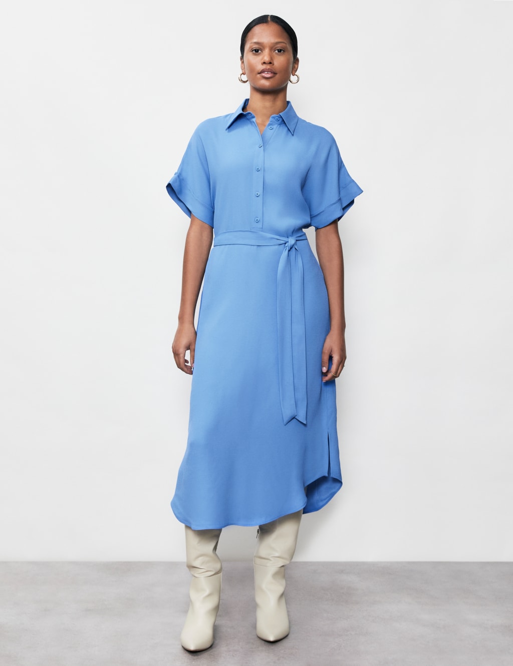 Collared Tie Waist Midi Shirt Dress image 1