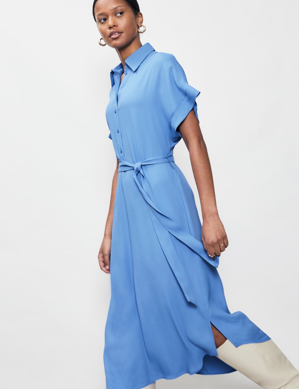 Collared Tie Waist Midi Shirt Dress image 2