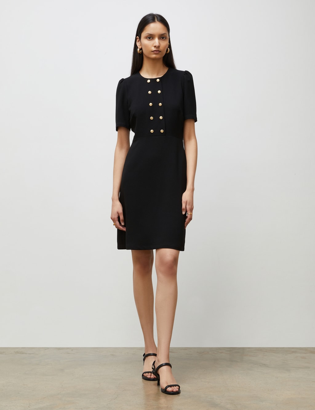 Round Neck Button Detail Mini Shift Dress image 1