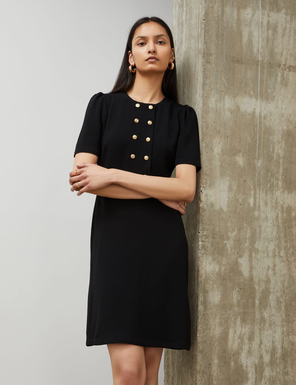 Round Neck Button Detail Mini Shift Dress image 2