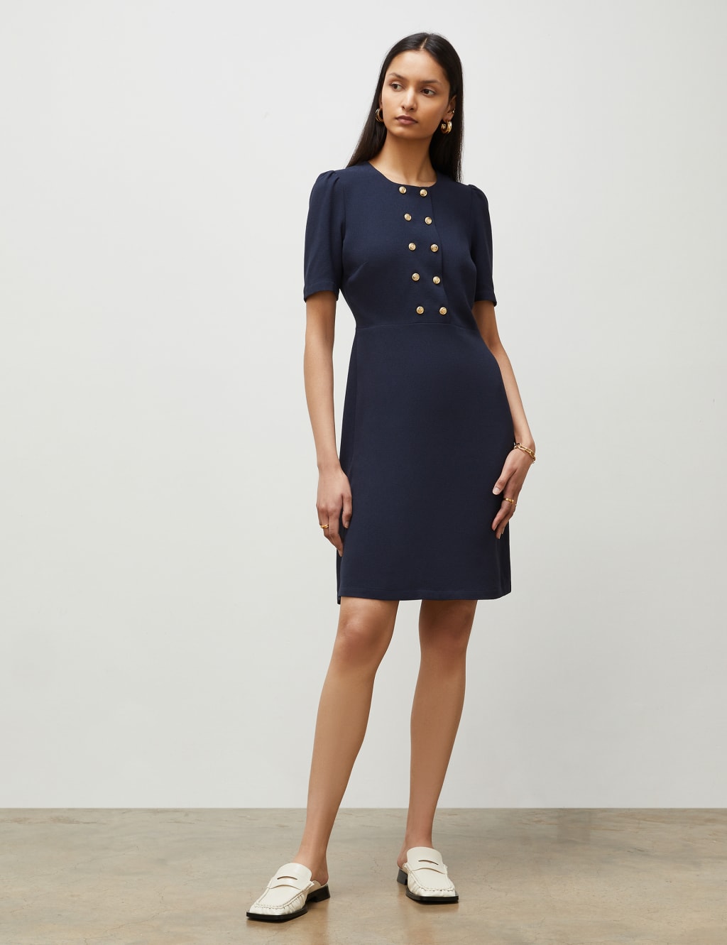 Round Neck Button Detail Mini Shift Dress image 1