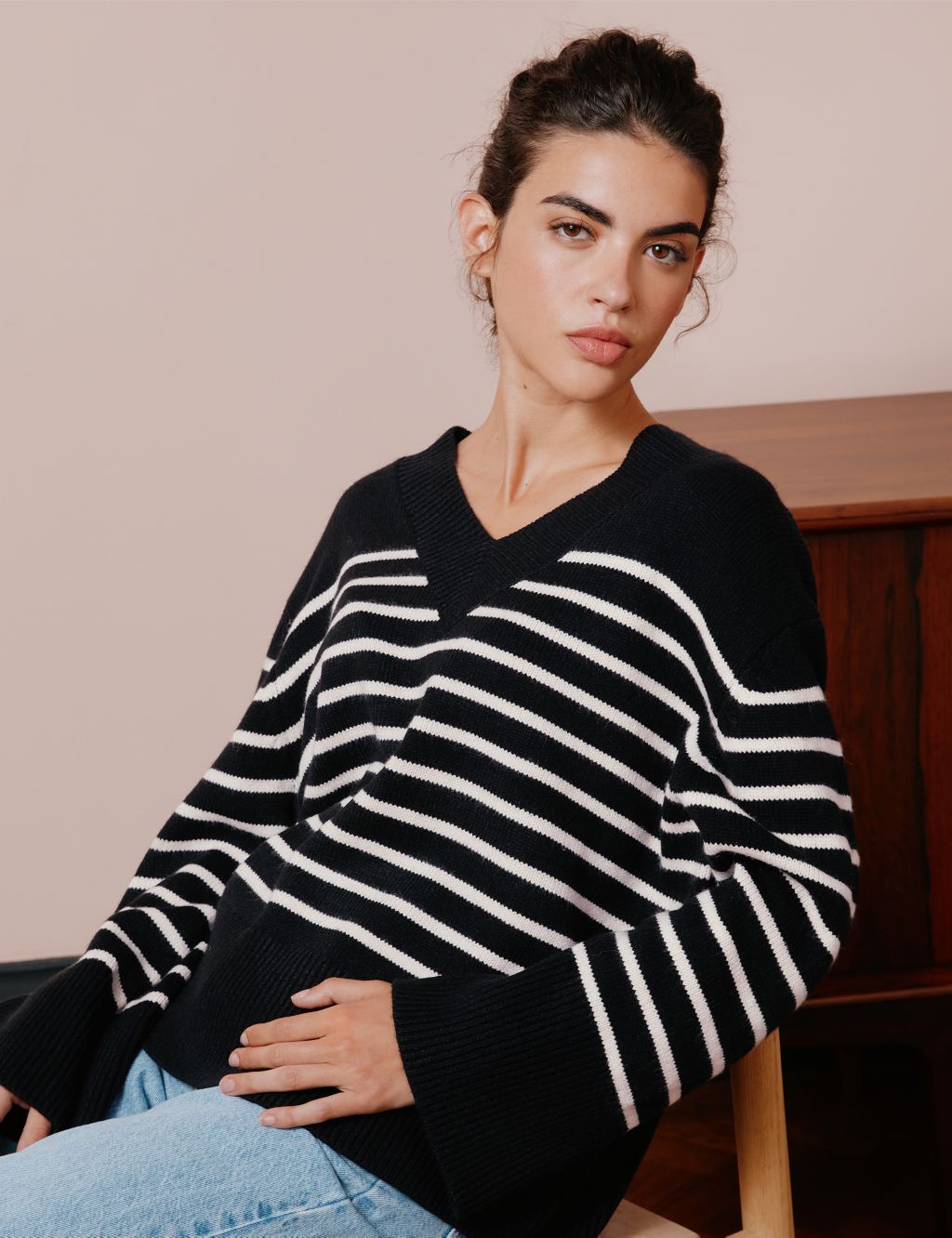 Striped V-Neck Jumper with Wool