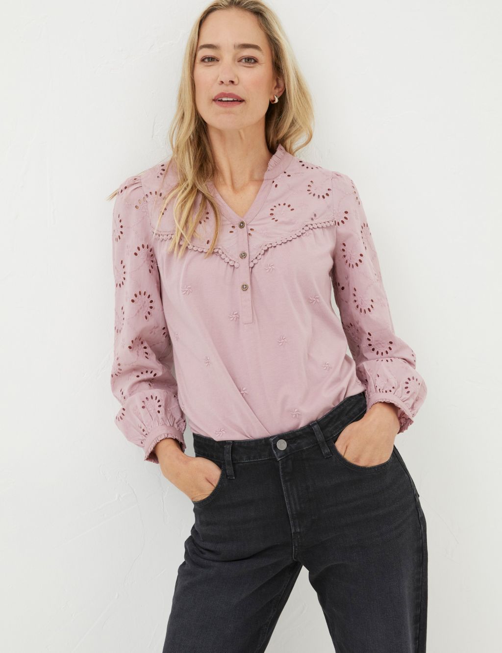 Cotton Rich Embroidered Notch Neck Blouse