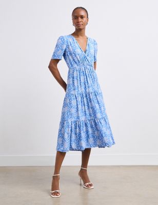 Finery London Women's Crepe Floral V-Neck Midi Tea Dress - 22 - Blue Mix, Blue Mix