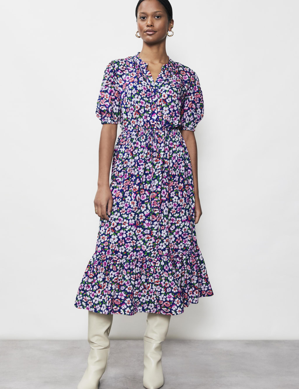 Floral V-Neck Midi Waisted Dress image 1