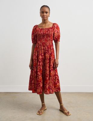 Finery London Women's Pure Cotton Floral Midi Shirred Tiered Dress - 10 - Red Mix, Red Mix