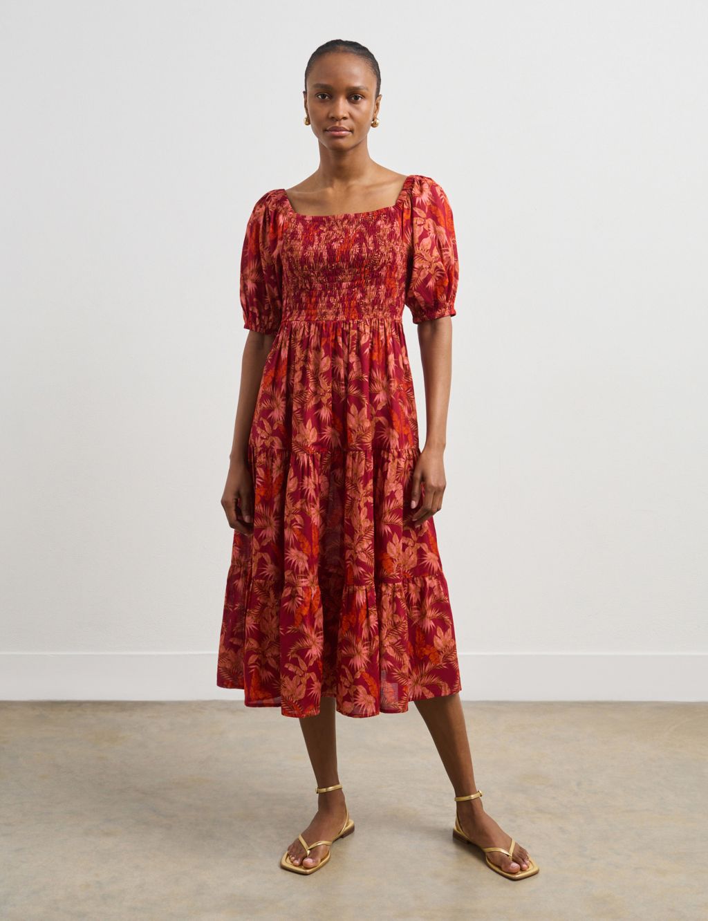 Pure Cotton Floral Midi Shirred Tiered Dress