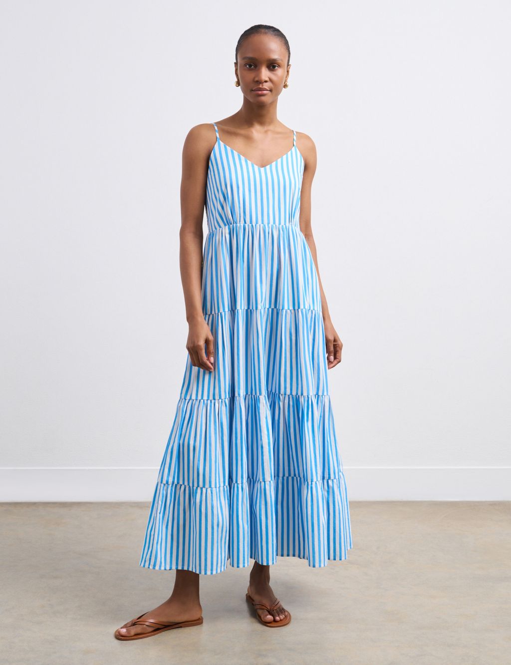 Pure Cotton Striped V-Neck Maxi Tiered Dress