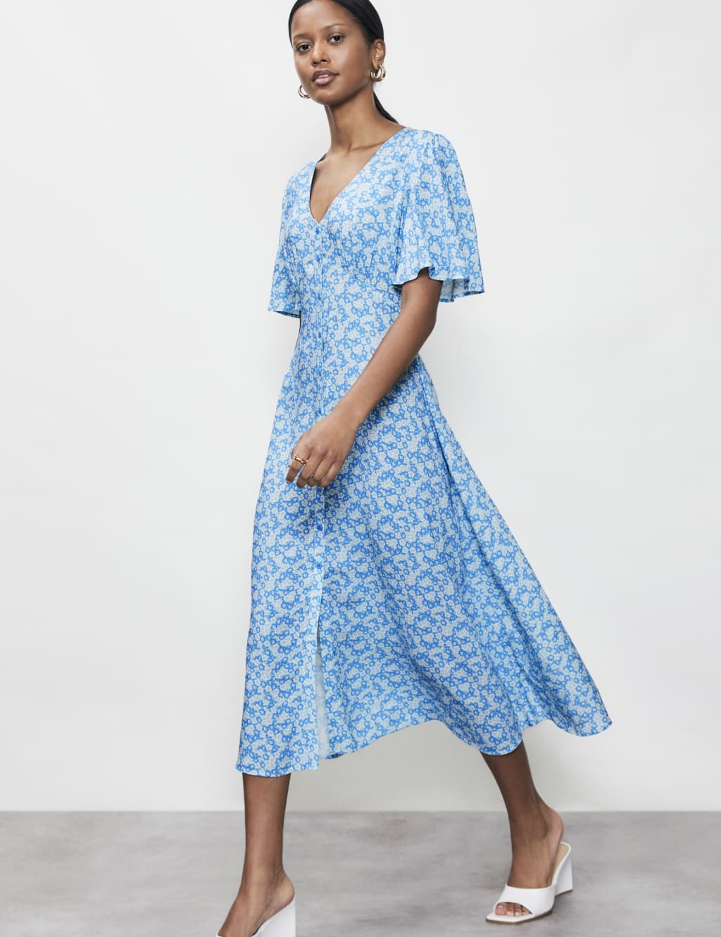 Floral V-Neck Button Through Midi Tea Dress image 1