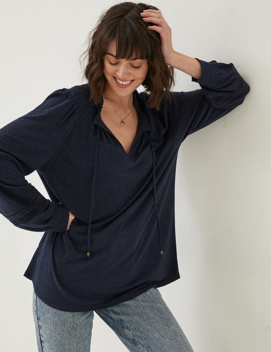 Notch Neck Lace Insert Puff Sleeve Tunic image 3