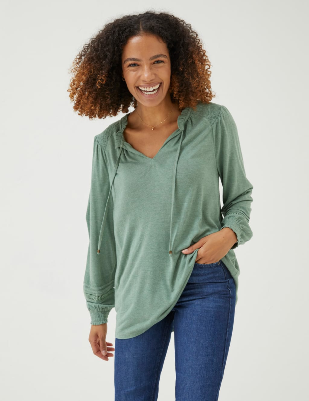 Notch Neck Lace Insert Puff Sleeve Tunic image 1