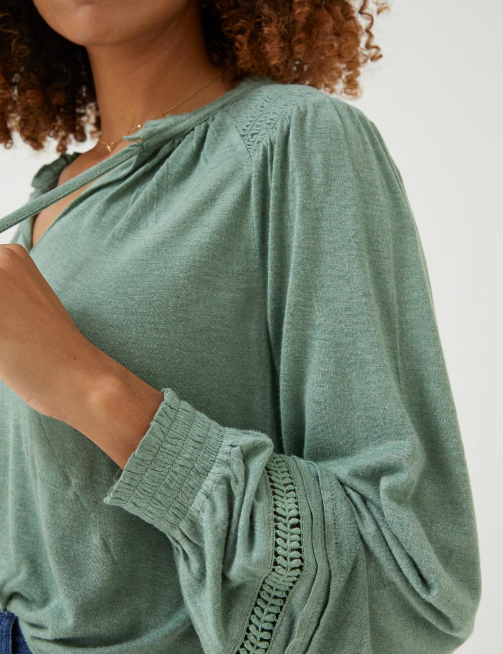 Notch Neck Lace Insert Puff Sleeve Tunic image 3