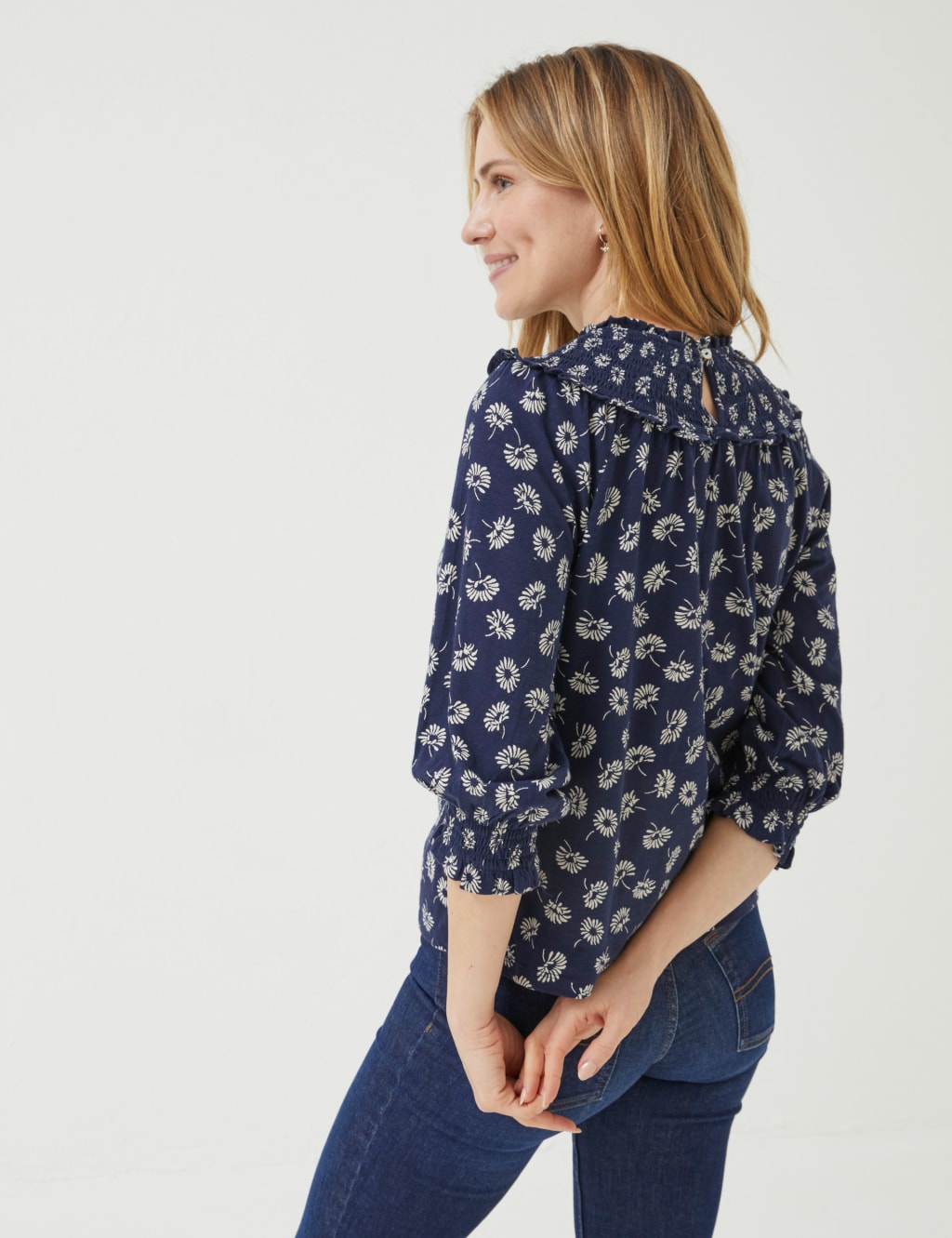 Pure Cotton Floral Crew Neck Shirred Blouse image 2