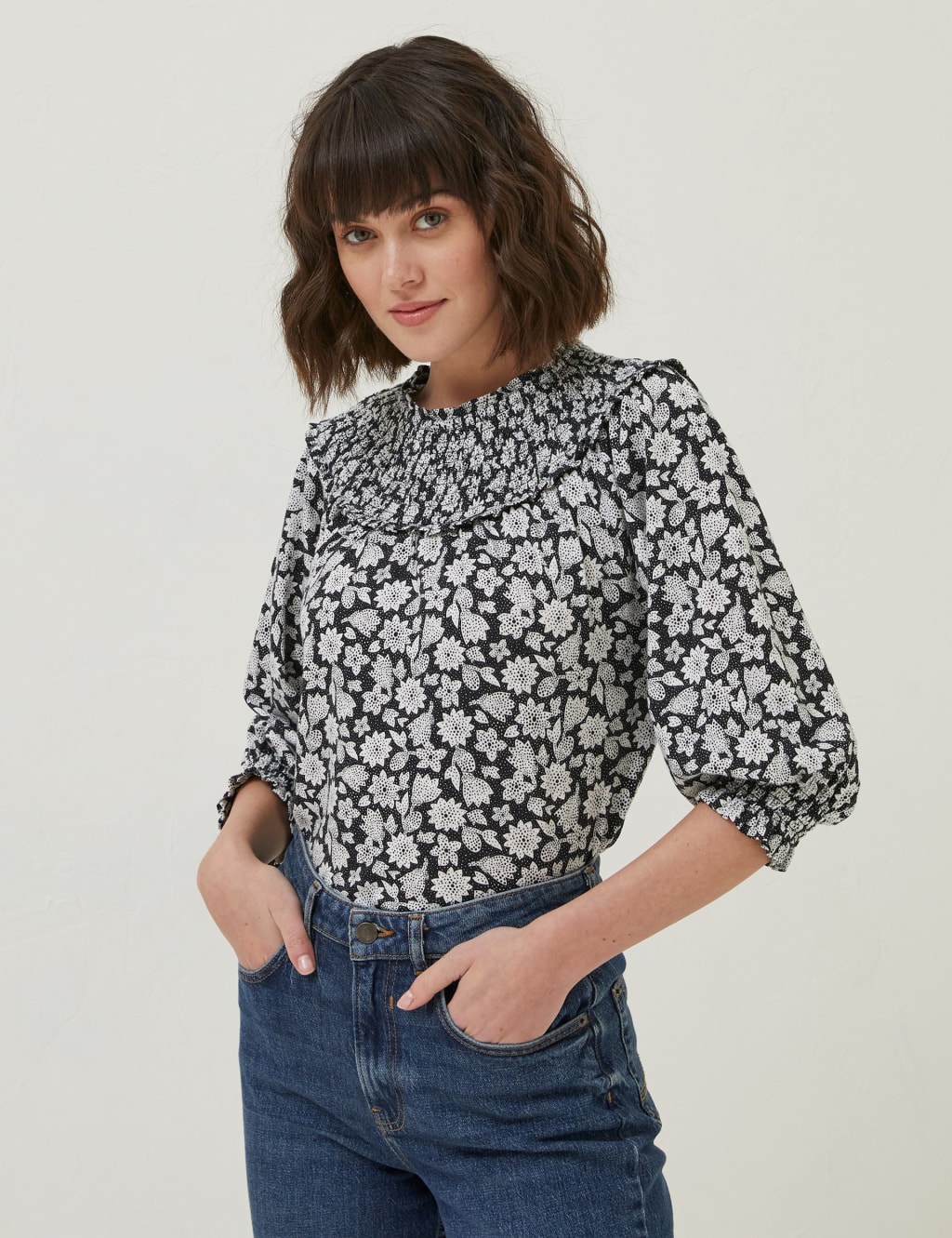 Pure Cotton Floral Crew Neck Shirred Blouse image 1