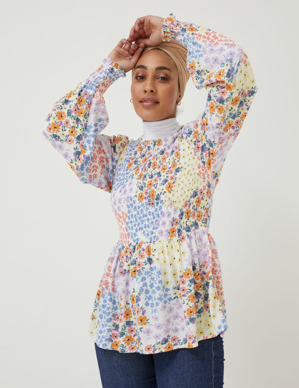 Floral Crew Neck Shirred Long Sleeve Blouse image 1