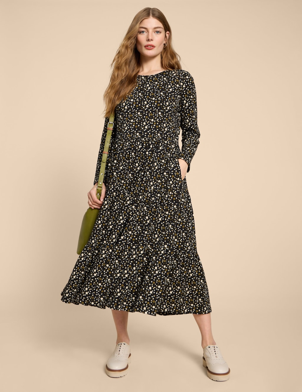 Jersey Printed Round Neck Midi Tiered Dress