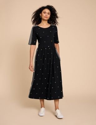 White Stuff Womens Organic Cotton Embroidered Midi Tea Dress - 6REG - Black Mix, Black Mix