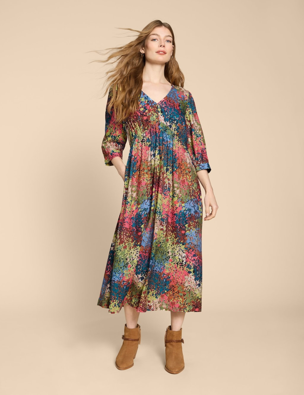 Printed V-Neck Midi Tea Dress