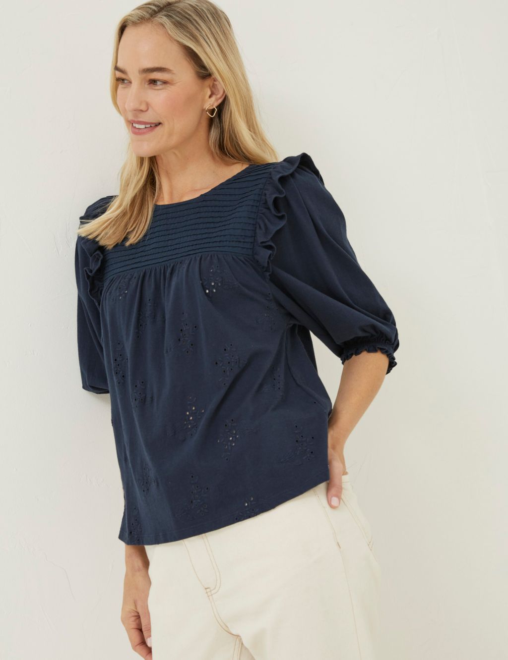 Pure Cotton Broderie Frill Detail Blouse image 1