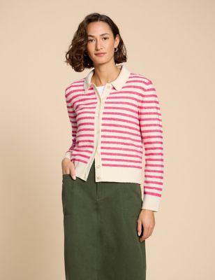 White Stuff Womens Striped Collared Cardigan - 20 - Pink Mix, Pink Mix