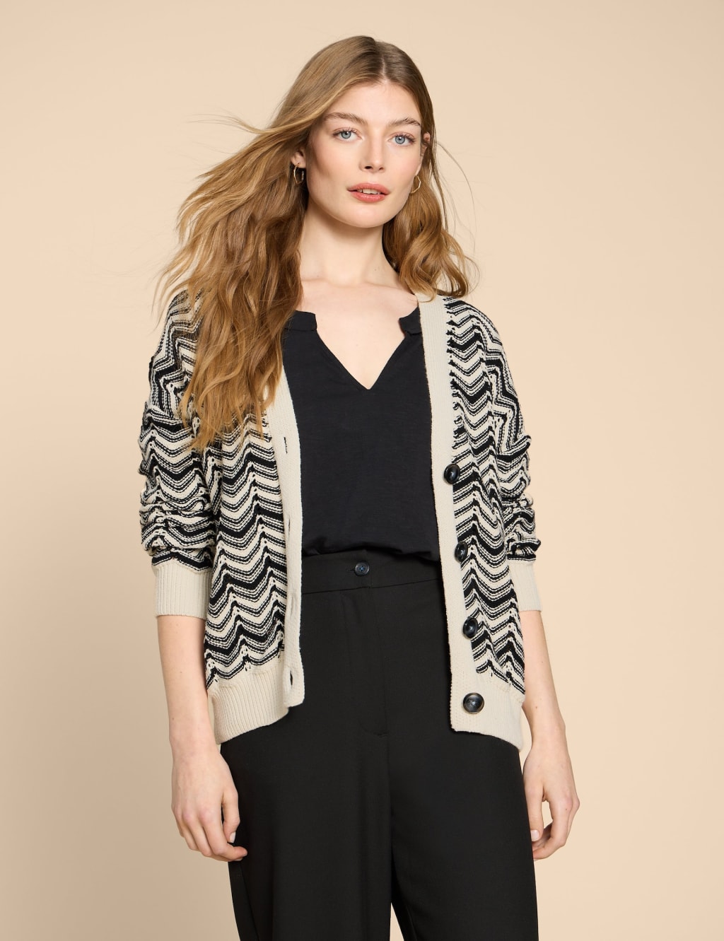 Pure Cotton Chevron Striped V-Neck Cardigan