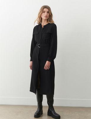 Finery London Women's Crew Neck Belted Midi Shirt Dress - 10 - Black, Black