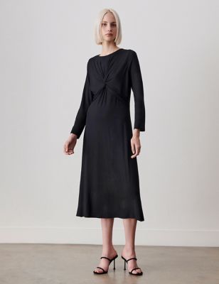 Finery London Women's Round Neck Twist Front Midi Waisted Dress - 10 - Black, Black