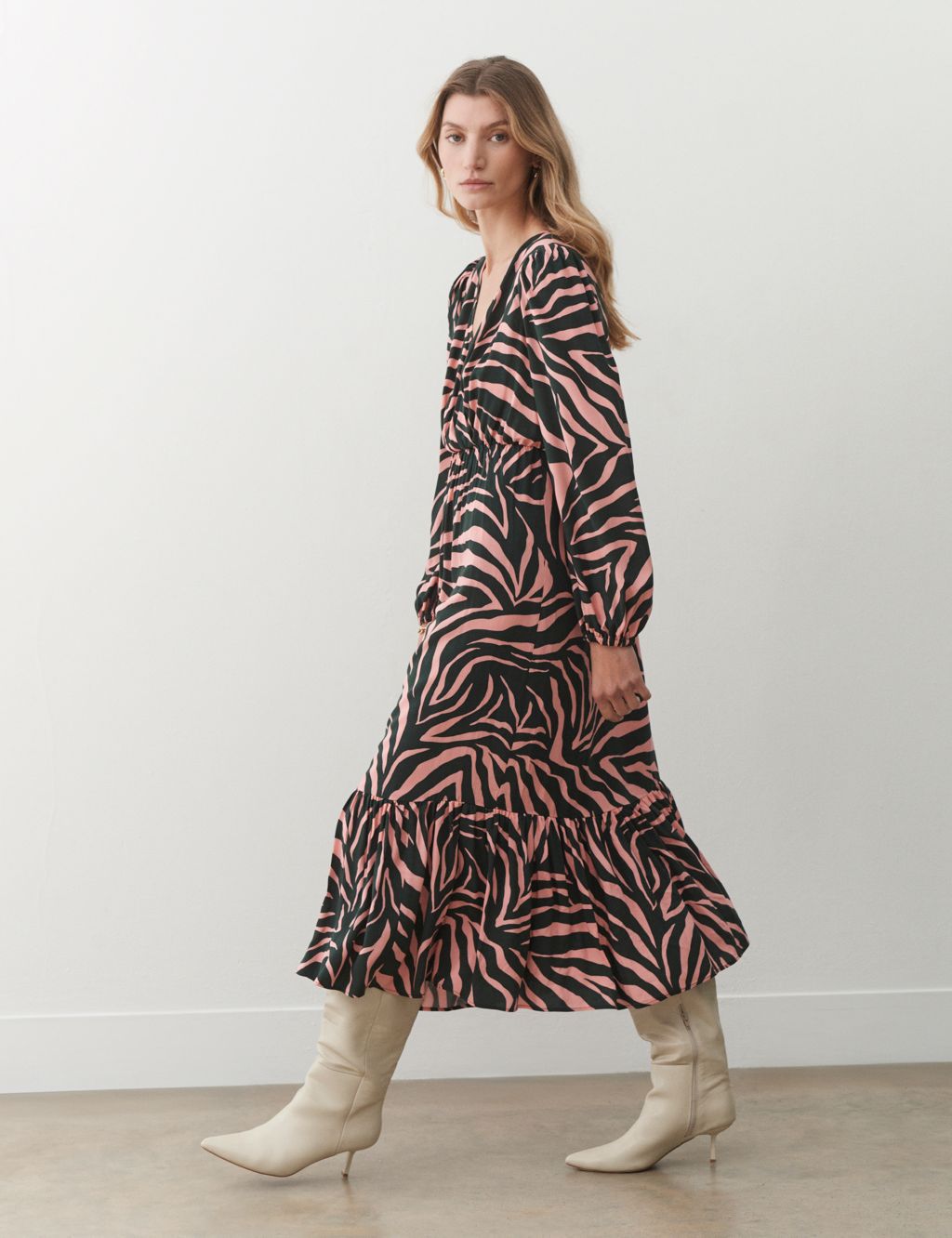 Animal Print V-Neck Empire Line Midi Tiered Dress