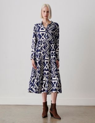 Finery London Womens Printed Midi Tiered Dress - 10 - Blue Mix, Blue Mix