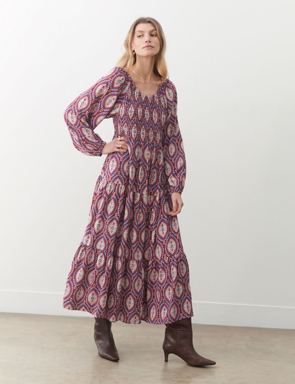 Printed Shirred Maxi Tiered Dress