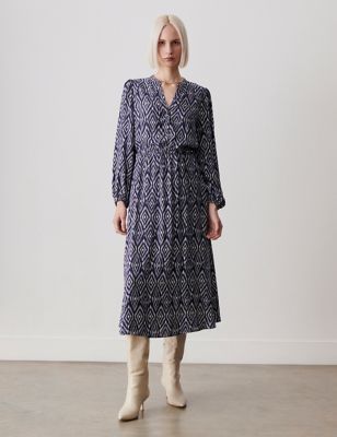 Finery London Women's Printed V-Neck Midi Waisted Dress - 10 - Blue Mix, Blue Mix