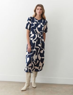 Finery London Women's Geometric Tie Detail Midi Tea Dress - 10 - Navy Mix, Navy Mix