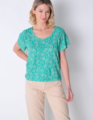 Burgs Womens Cotton Modal Blend Floral Scoop Neck Top - 10 - Green Mix, Green Mix,Blue Mix