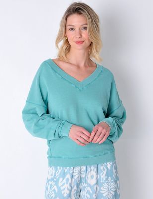 Burgs Womens Linen Blend V-Neck Relaxed Cropped Sweatshirt - 8 - Light Blue, Light Blue
