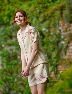Burgs Womens Linen Blend Embroidered High Waisted Shorts - 10 - Beige, Beige